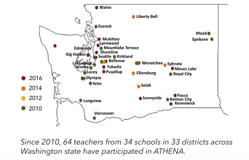 Map of WA with schools reached by ATHENA