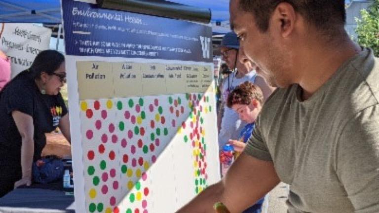 man putting stickers on a community survey outdoors