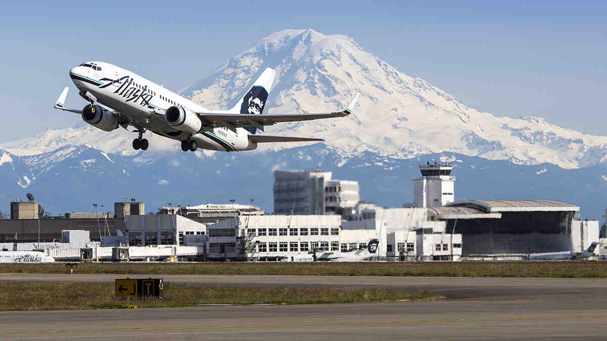 Jet taking off at SeaTac International Airport.