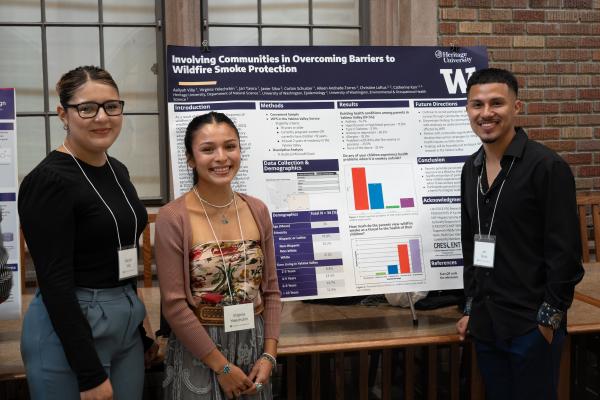 Three researchers pose with a poster summarizing their study results
