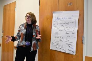 A woman stands next to a large paper on the wall with notes about "What excites us"